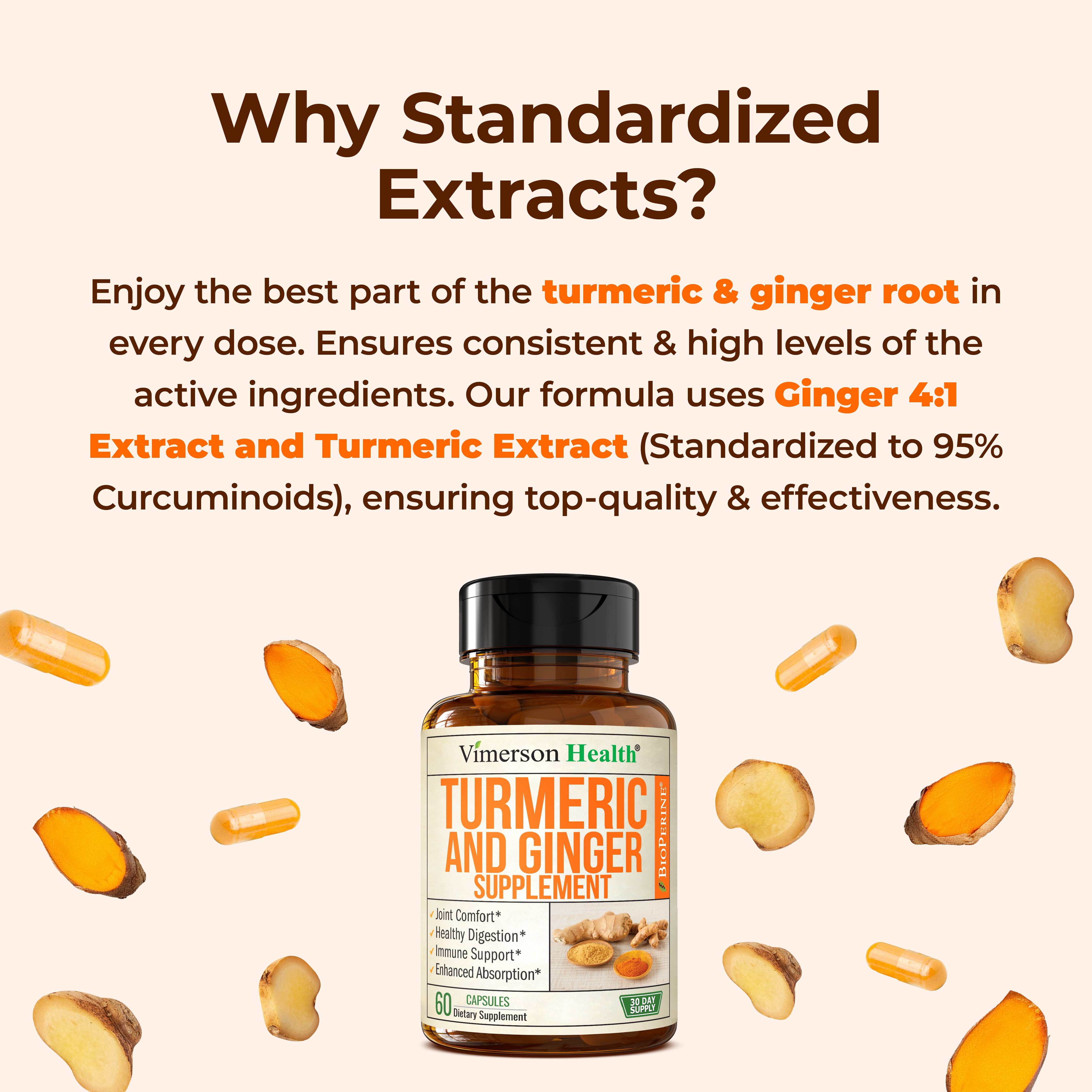 Vimerson Health Turmeric Supplement with Ginger Root & Black Pepper for Enhanced Absorption – Daily Joint, Digestion & Immune Support – 60 Capsules