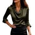 thumbnail image 4 of Tanghaowl Womens T Shirts, Fashion Satin Blouse with Asymmetrical Notched Lapel and Flared Sleeves for Everyday Casual Elegant Tunic Top Army Green XXL, 4 of 7