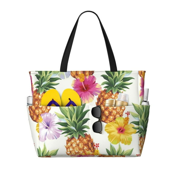 JUNZAN Hawaiian Pineappl Pattern Women's Large Beach Bag,Waterproof Sandproof Zipper Beach Tote Bag for Pool Gym Grocery Travel with Wet Pocket