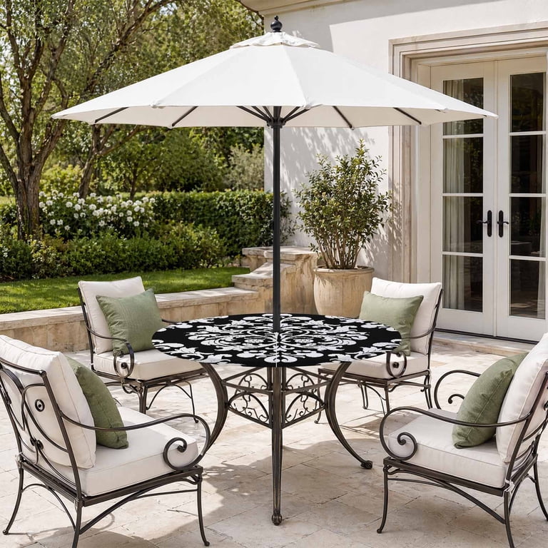 damask patio umbrella Outdoor Rectangle Tablecloth with Hole and Zipper, Pink Flowers Waterproof Table Cover, Baroque Scroll Floral Pattern Art Washable Tablecloths for Party Picnic, 60"x84" : Patio, Lawn & Garden color pattern 9undefined White with Black Damask