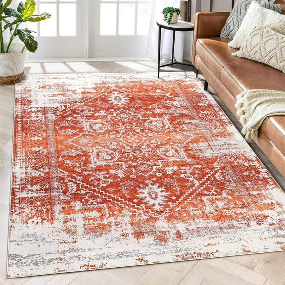 GlowSol 4' x 6' Washable Rug Floral Print Distressed Rug Vintage Persian Carpet Farmhouse Medallion Indoor Throw Rug for Dining Room Office, Orange