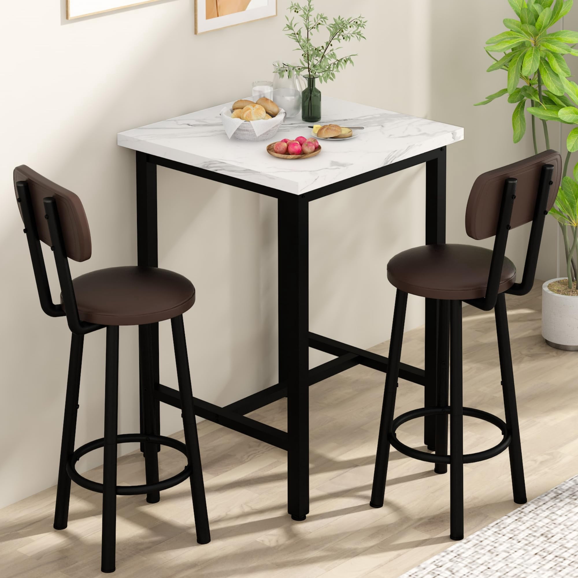 MOOSENG Bar Table Set of 2, Bistro Kitchen Table Sets with 2 PU Leather Bar Stools, Wood Pub Bar Table Set for Breakfast Nook Small Space Restaurant, Square Table