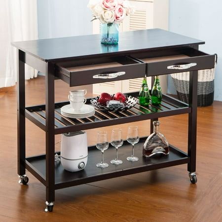 JUMPER Wood Rolling Kitchen Island Storage Cart Rack Dining Trolley w/ Drawers & Shelves Stand Counter Top Table (Espresso)