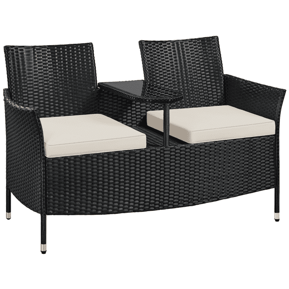Yaheetech Wicker Double Chair with 1 Tempered Glass Side Table, Black/Beige