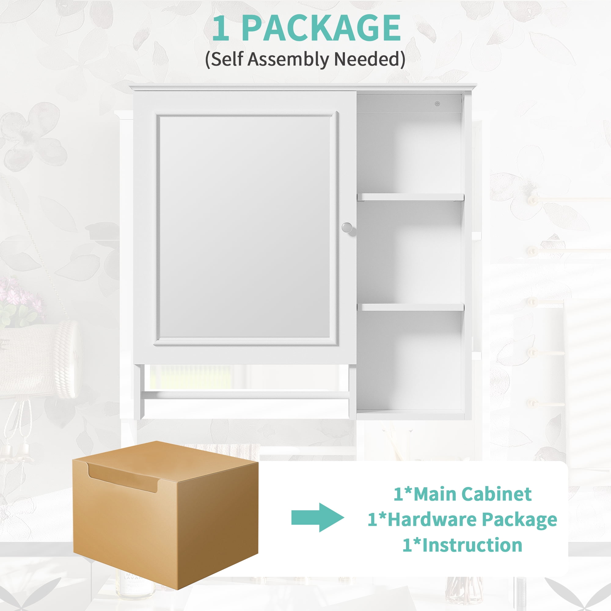 Euroco Wall Mounted Bathroom Storage Cabinet, Medicine Cabinets with large mirror door, adjustable shelves and three open storage levels(Not Include Bathroom Vanity )