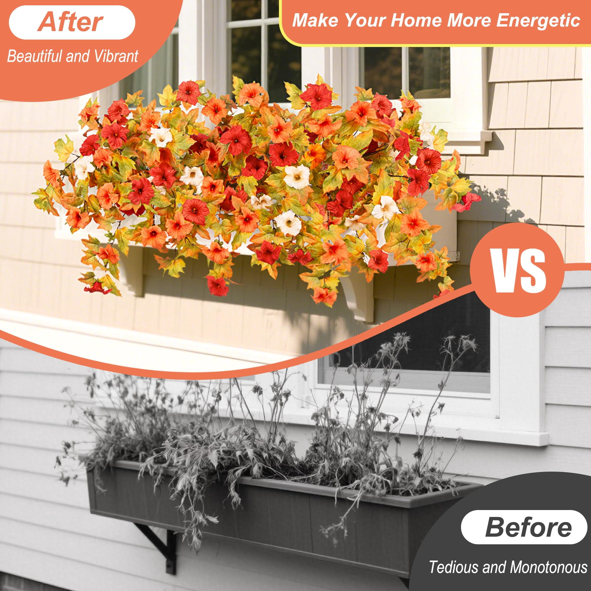 TETOU 2Pcs Artificial Fake Fall Flower for Outdoor, Faux Petunias Silk Flower UV Resistant No Fade for Fall Halloween Thanksgiving  Garden Balcony Yard Porch  Indoor Outdoor Decoration (Orange White)