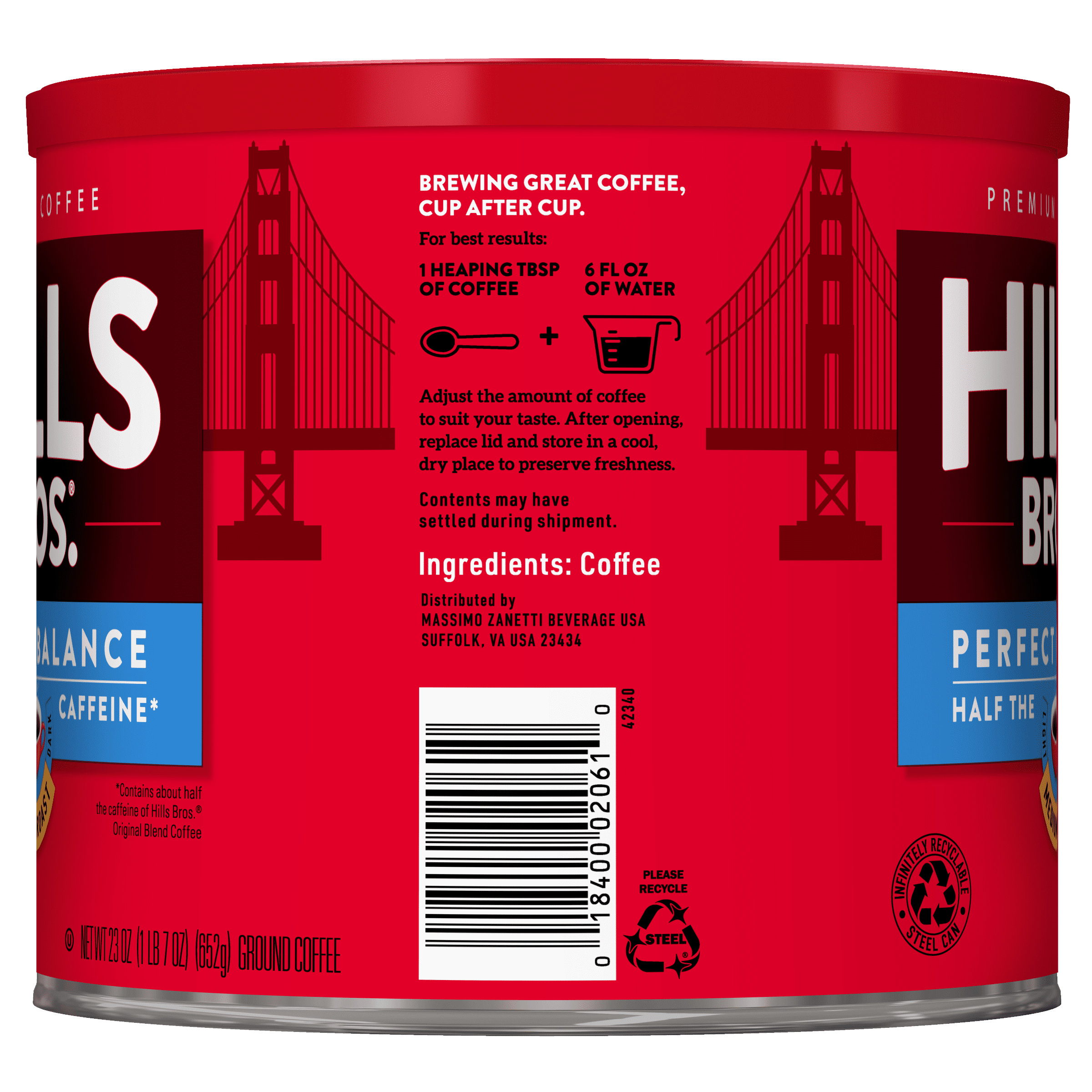 Hills Bros. Ground Coffee, Perfect Balance Medium Roast, Half-Caffeine, 23 oz