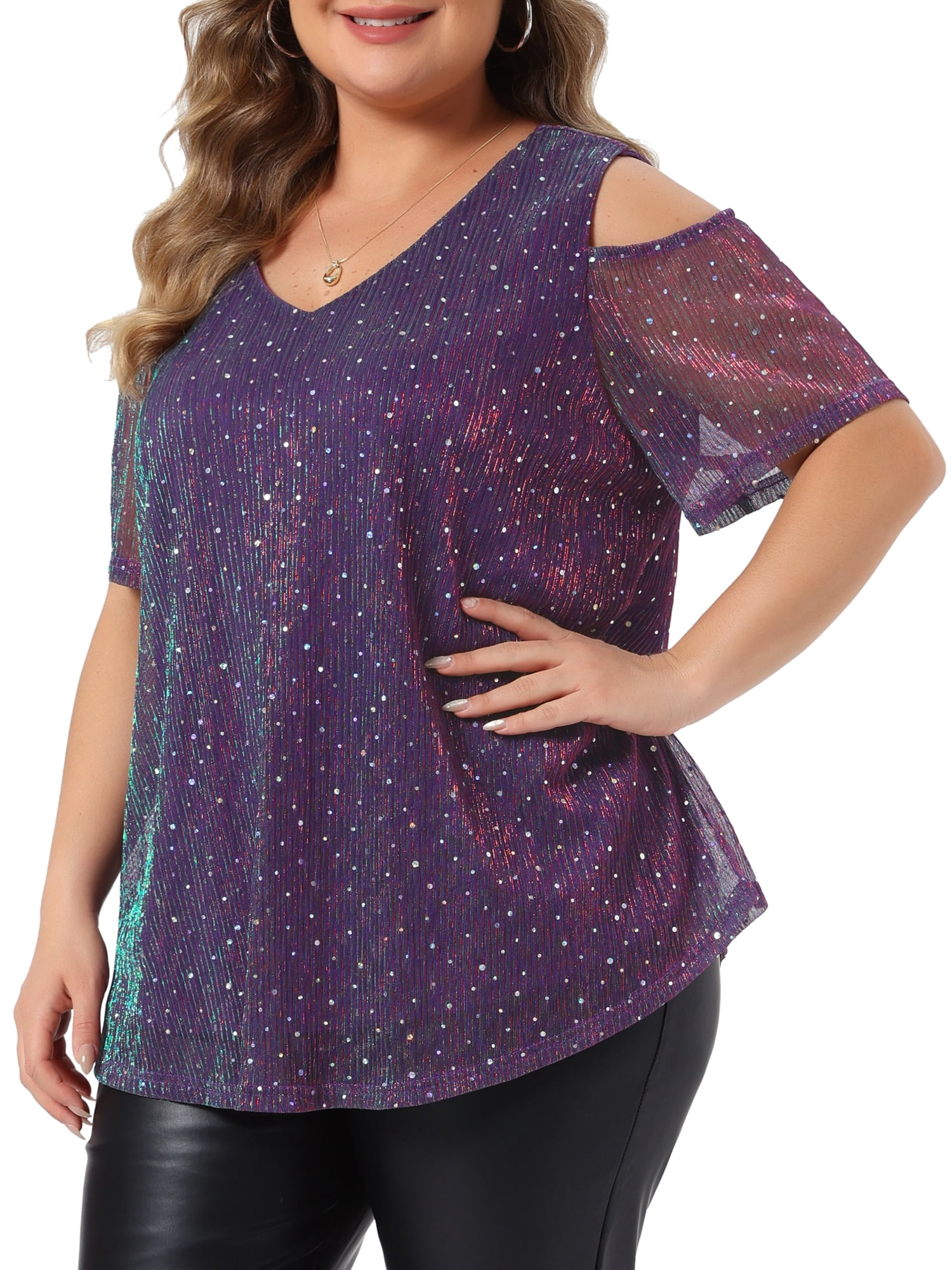 DARING DIVA Women's Plus Glitter Sequin Cold Shoulder  Party Blouse 2X Blue Purple