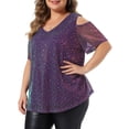 thumbnail image 2 of DARING DIVA Women's Plus Glitter Sequin Cold Shoulder  Party Blouse 3X Blue Purple, 2 of 6