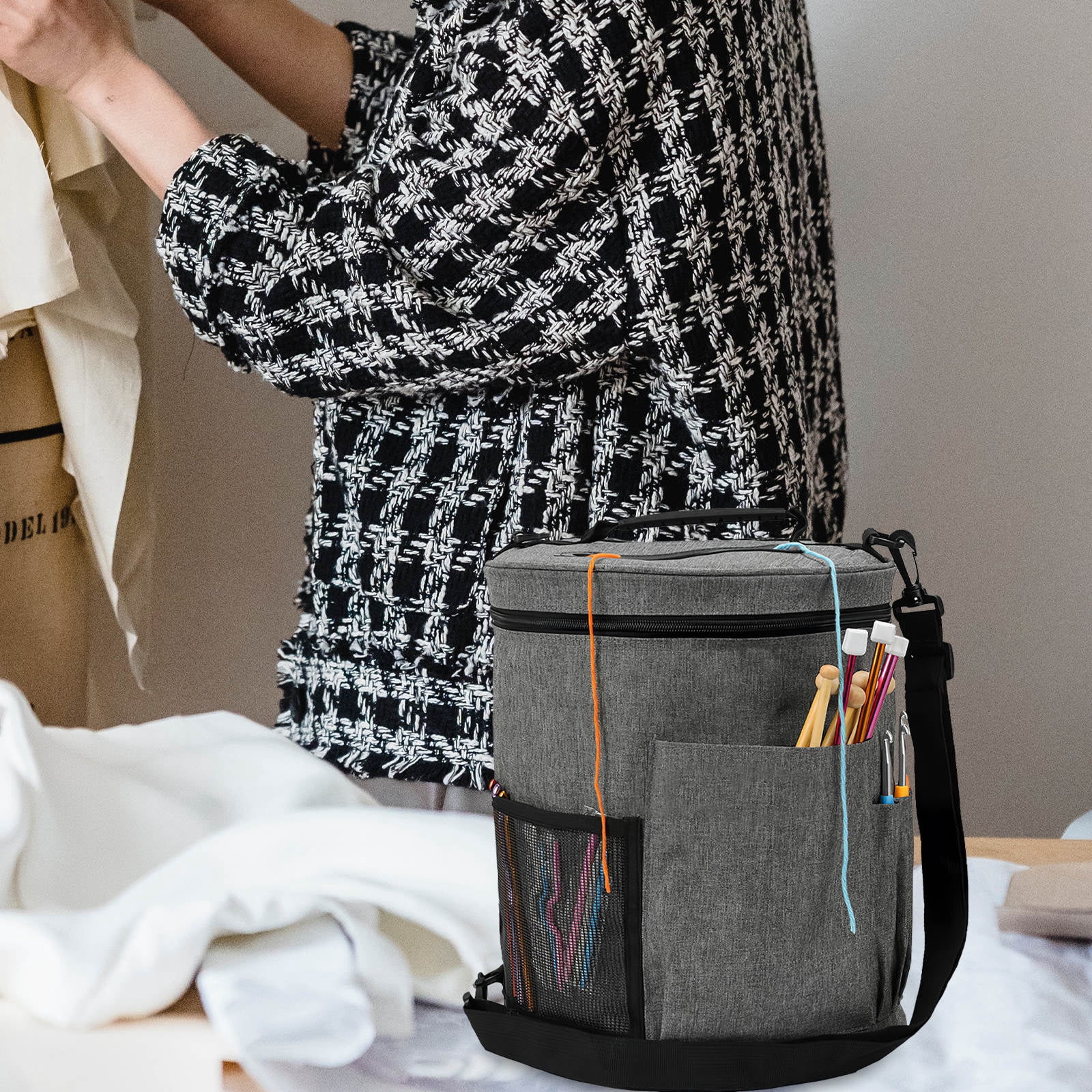 PBPBOX Portable Grey Yarn Storage Organizer with Handle for Knitting Needles and Crochet Hooks