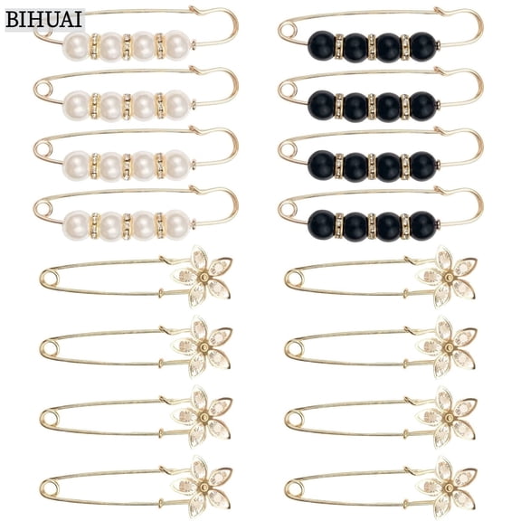 BIHUAI 16PCS Fashion Pearl Crystal Brooch Pins, Clothing Clips & Waist Tightener for Dress, Sweater, Shirt and Jeans