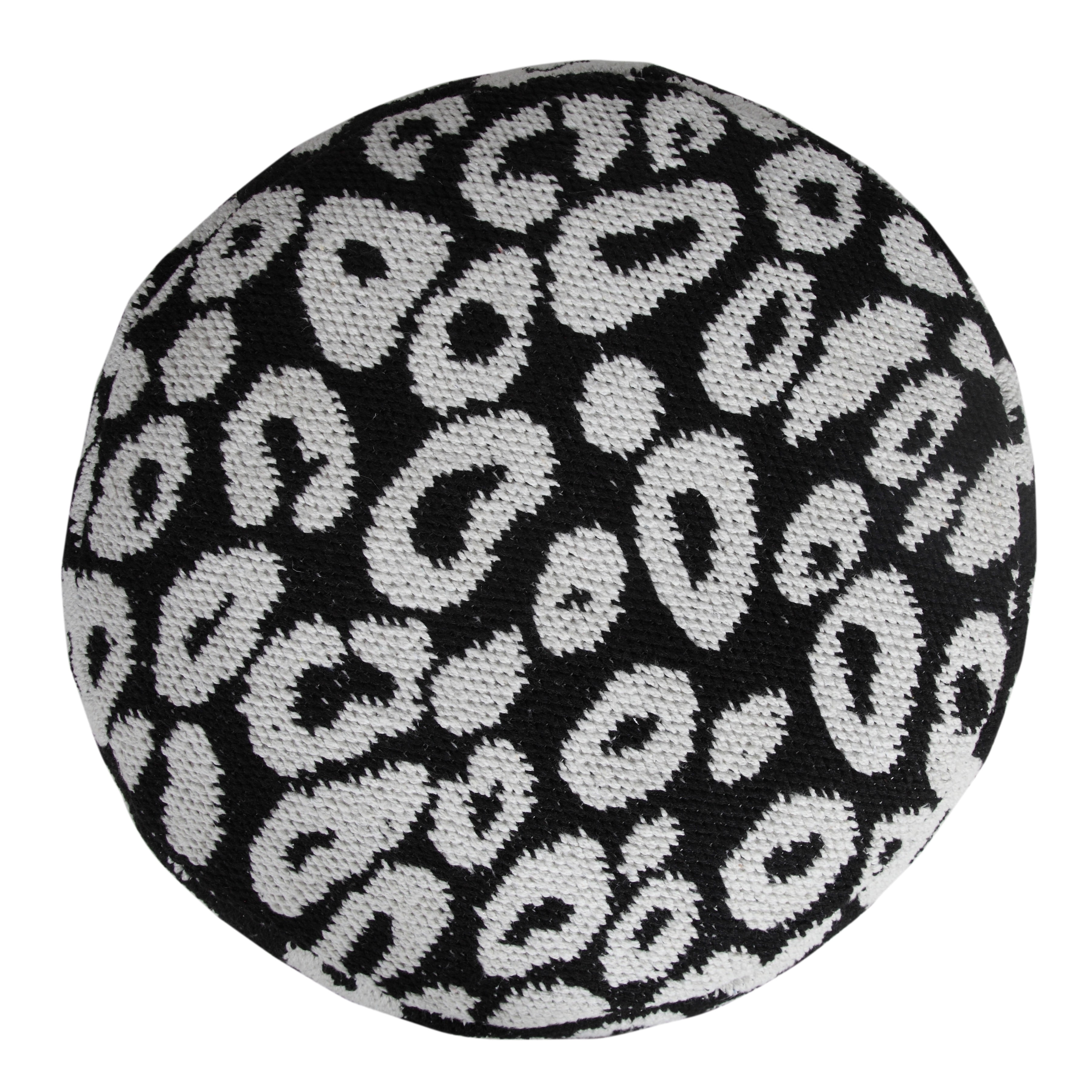 LR Home Small Abstract Indoor Round Pouf, Black/White, 18" x 18" x 14"