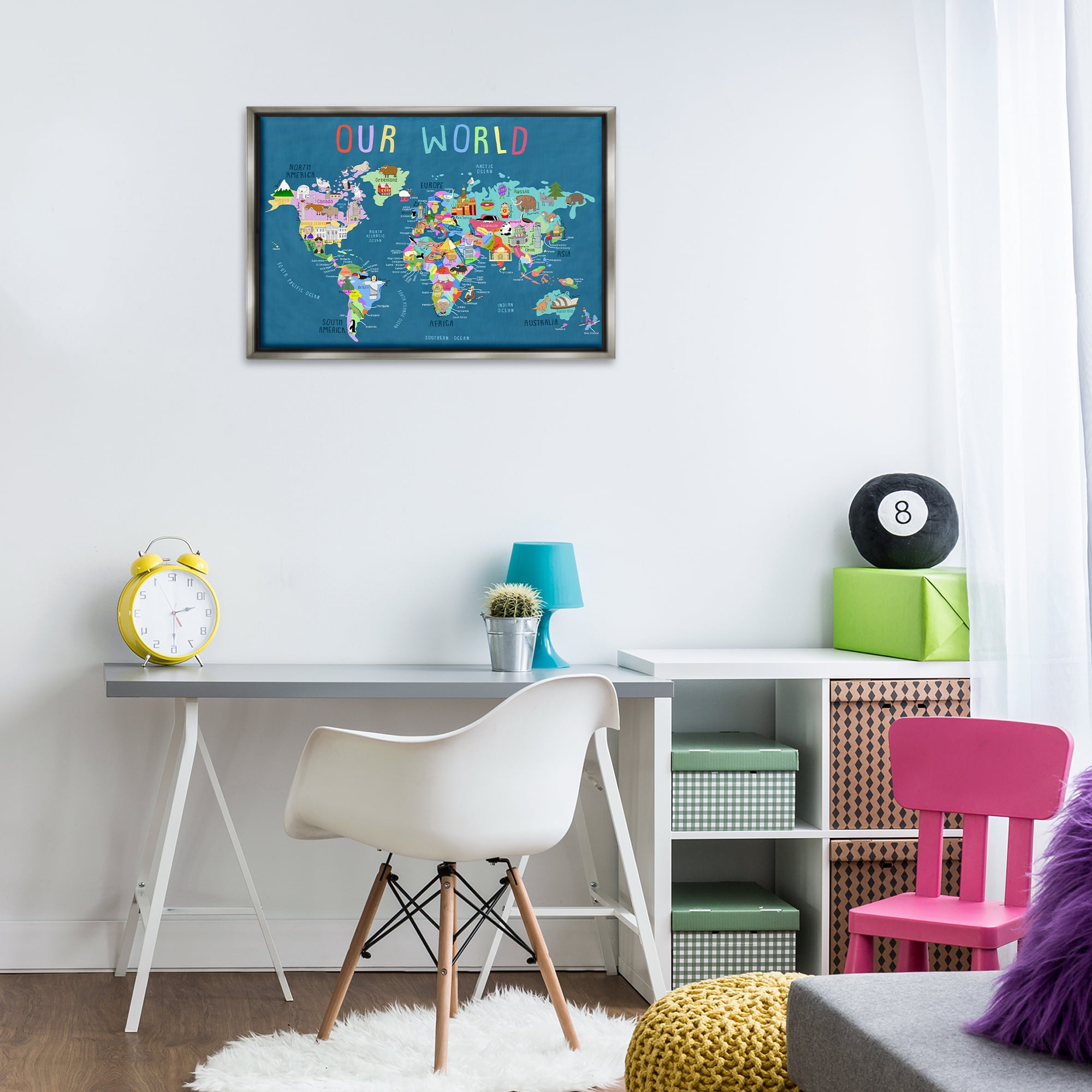 Stupell Industries Our World Map Education Painting Gray Floater Framed Canvas Art Print Wall Art, 31 x 21