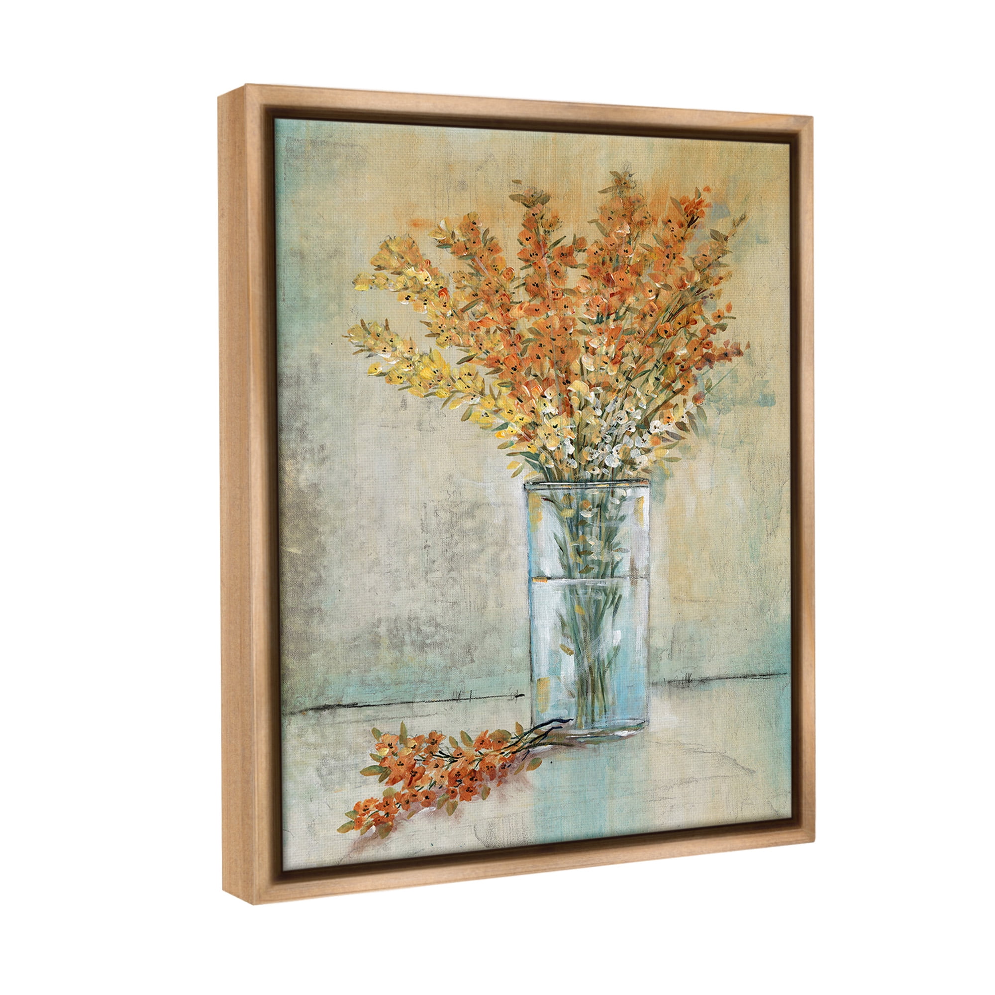 Stupell Industries Orange Sprigs in Vase Botanical & Floral Painting Brown Floater Framed Canvas Art Print Wall Art, 17 x 21