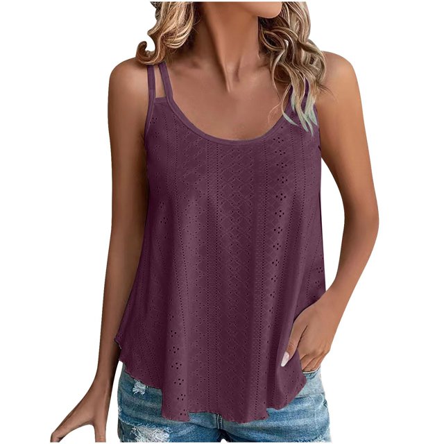 Timegard Camisoles pour Femmes Col Rond Oeillets Sans Manches Chic Décontracté Ample Chemise Haut Camis Tenue de Plage