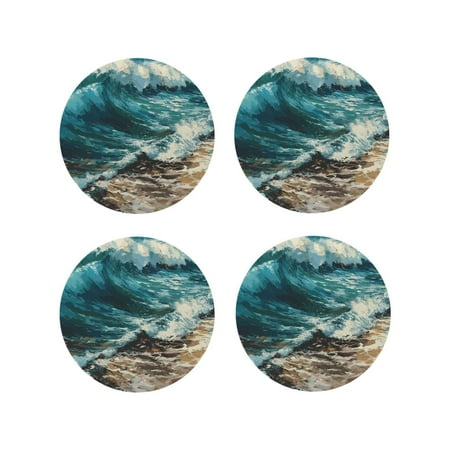 

Leather Coasters Set of 4 - Blue Ocean Waves Lightweight Non-Slip Drink Coasters for Desk Anti-Scalding Desk Cup Coasters for Office Table Decor Round Shape