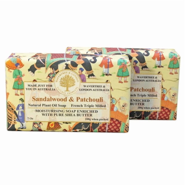 Wavertree & London Jabón natural perfumado de sándalo y pachulí (2 barras) Barras de jabón hidratante francés triple molido enriquecidas con manteca de karité, jabón de baño y cuerpo de aceite vegetal