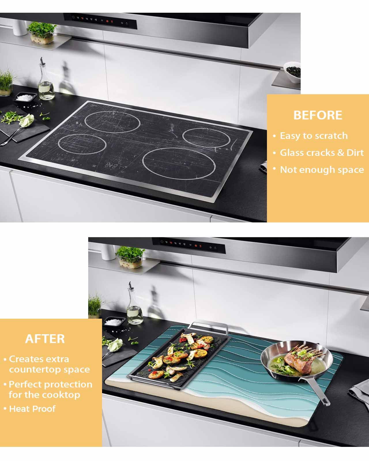 nqOlkjepod Large Induction Cooktop Protector Mat 24"x21", Turquoise Waves Stove Top Covers for Electric Stove, Simple Ombre Abstract Sea Waves Art Stove Burner Cover Mats, Glass Top Stove Cover