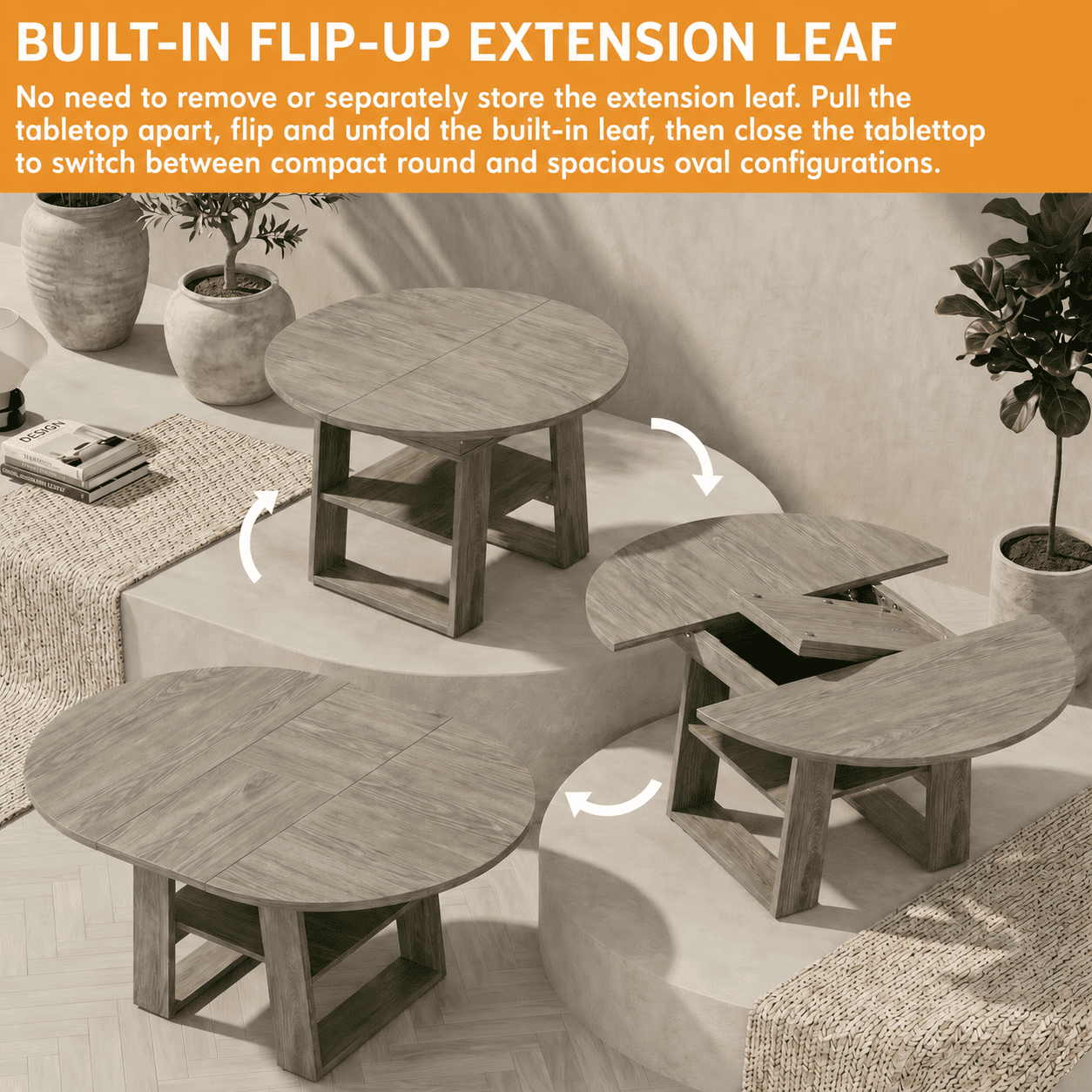 Leumius Extendable Dining Table for 4-6,Round-to-Oval Kitchen Table with Built-In Flip-Up Extension Leaf,Wooden Kitchen Table with Stable H-Shaped Base and Storage Shelf,Gray