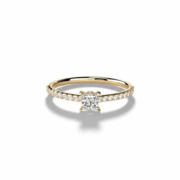 14k Yellow Gold Plated 1.00 CT Princess Cut Moissanite Engagement Ring for Women Thin Pave Band Dainty Ring