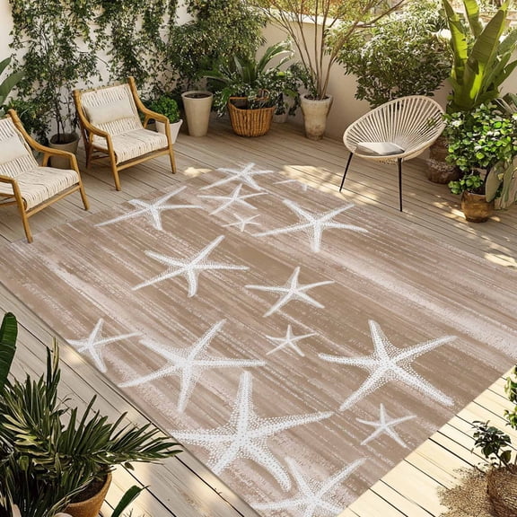 Brown Coastal Outdoor Rug for Patio/Deck/Porch, Non-Slip Large Area Rug 4 x 6 Ft, Summer Ocean Waves Ombre Sea Starfish Indoor Outdoor Rugs Washable Area Rugs, Reversible Camping Rug Carpet Runner