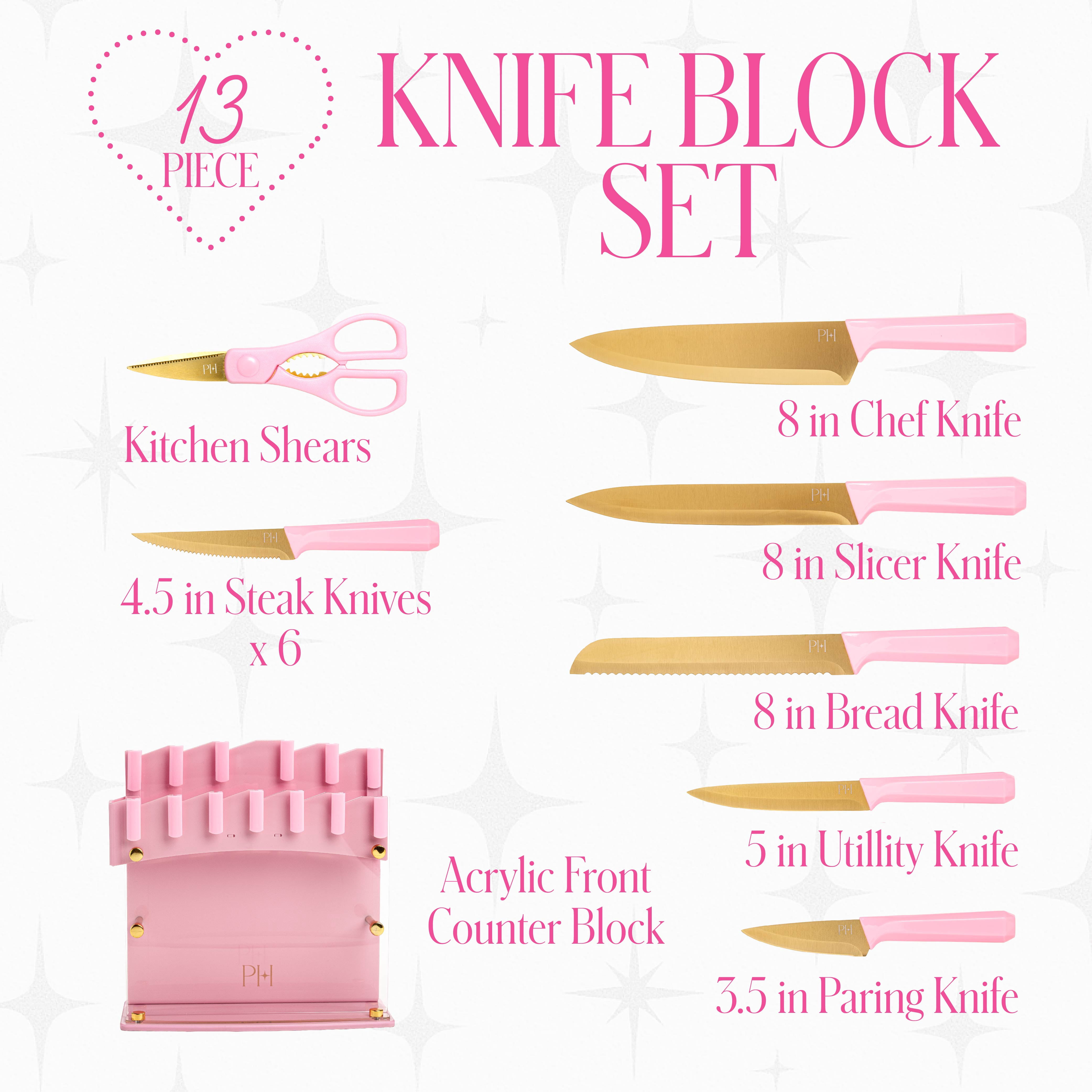 Paris Hilton 13-Piece Knife Block Set with Acrylic Shield, Gold Titanium-Coated Stainless Steel Blades, Pink Faceted Handles