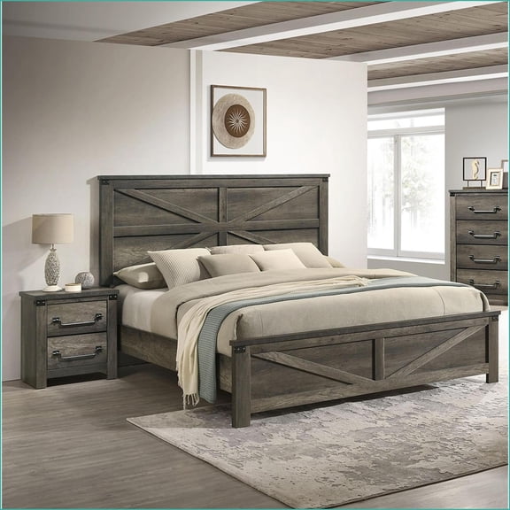 Bedroom Furniture Set, Rustic Farmhouse Eastern King Bed with 2 Nightstands, Slate Gray | Engineered Wood,Metal