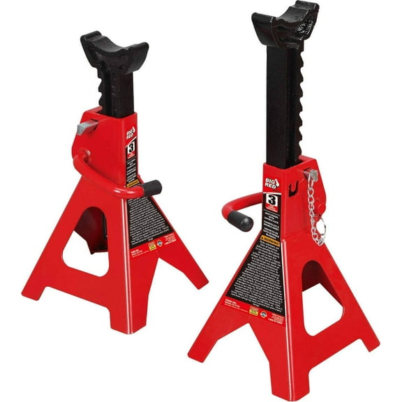 BIG RED Steel Jack Stands: Double Locking, 3 Ton (6,000 lb) Capacity, Red, 1 Pair，DMT43002A