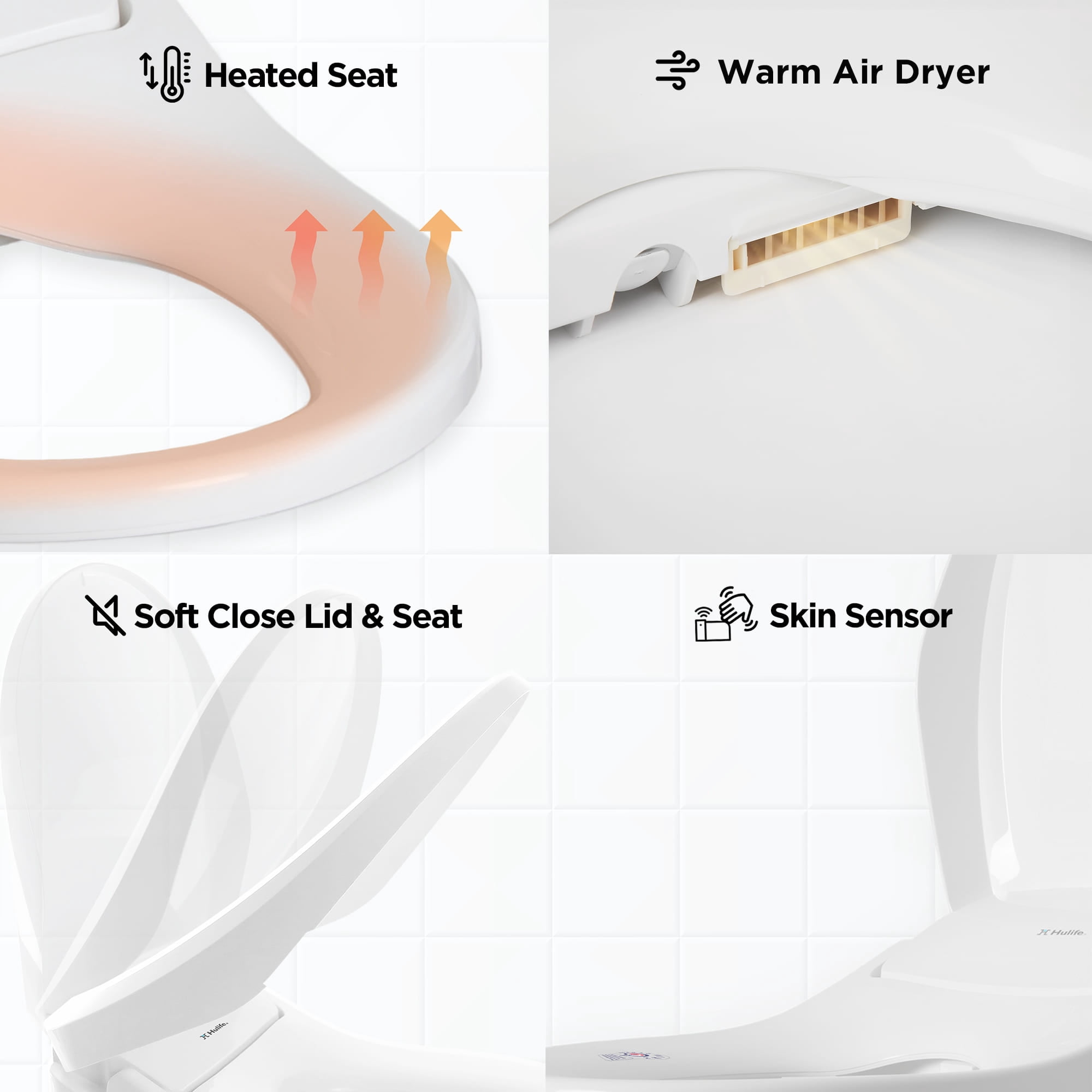 Hulife HLB-4000ER Electric Bidet Seat, White Elongated Attachment, Remote Control, LED Nightlight, Warm Water, Heated Seat, Dryer