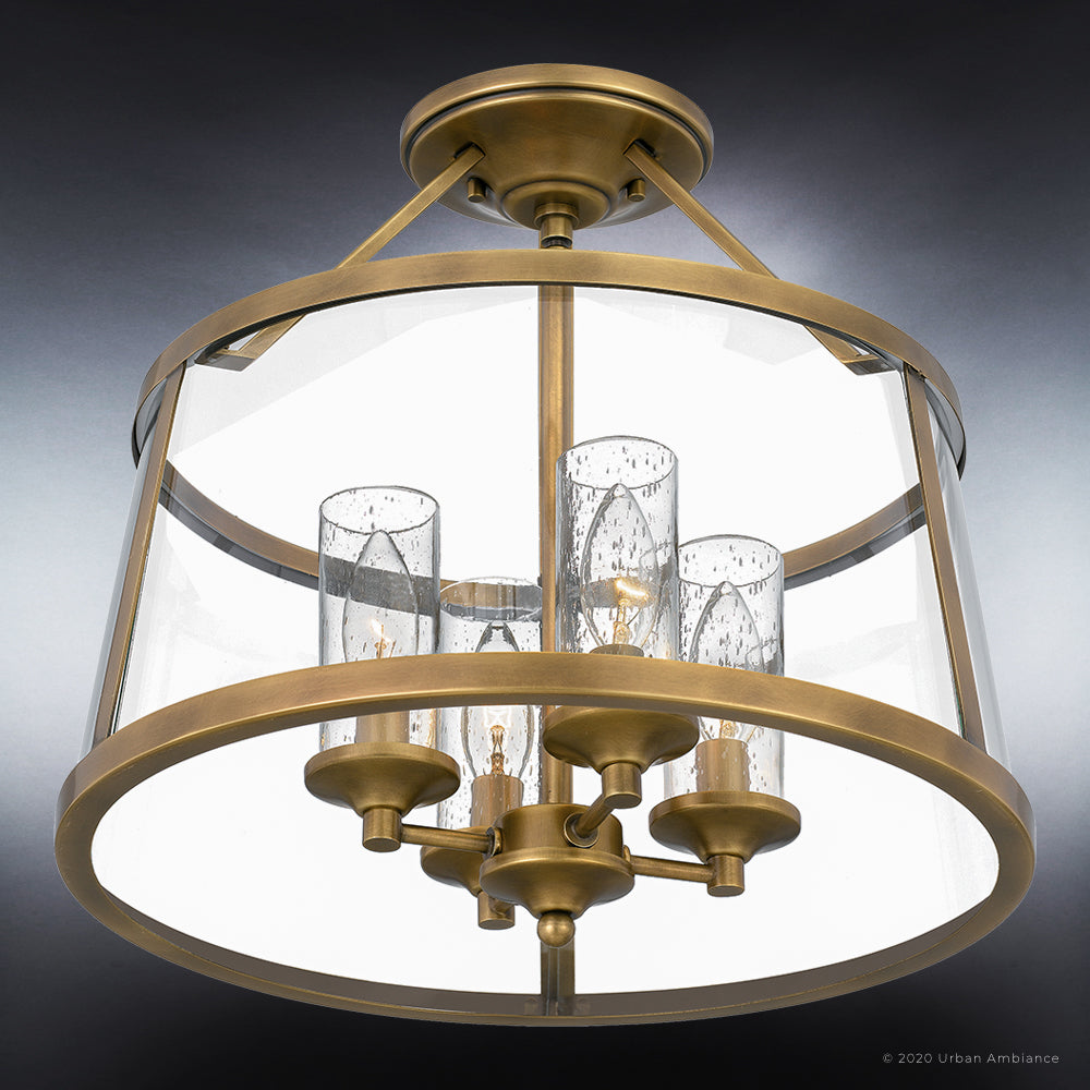 Luxury Traditional Indoor Ceiling Light, 14.50''H x 16.00''W, with Colonial Style Elements, English Country Design, Rustic Brass Finish and Clear Glass Drum, Seeded Glass Interior, UQL3650