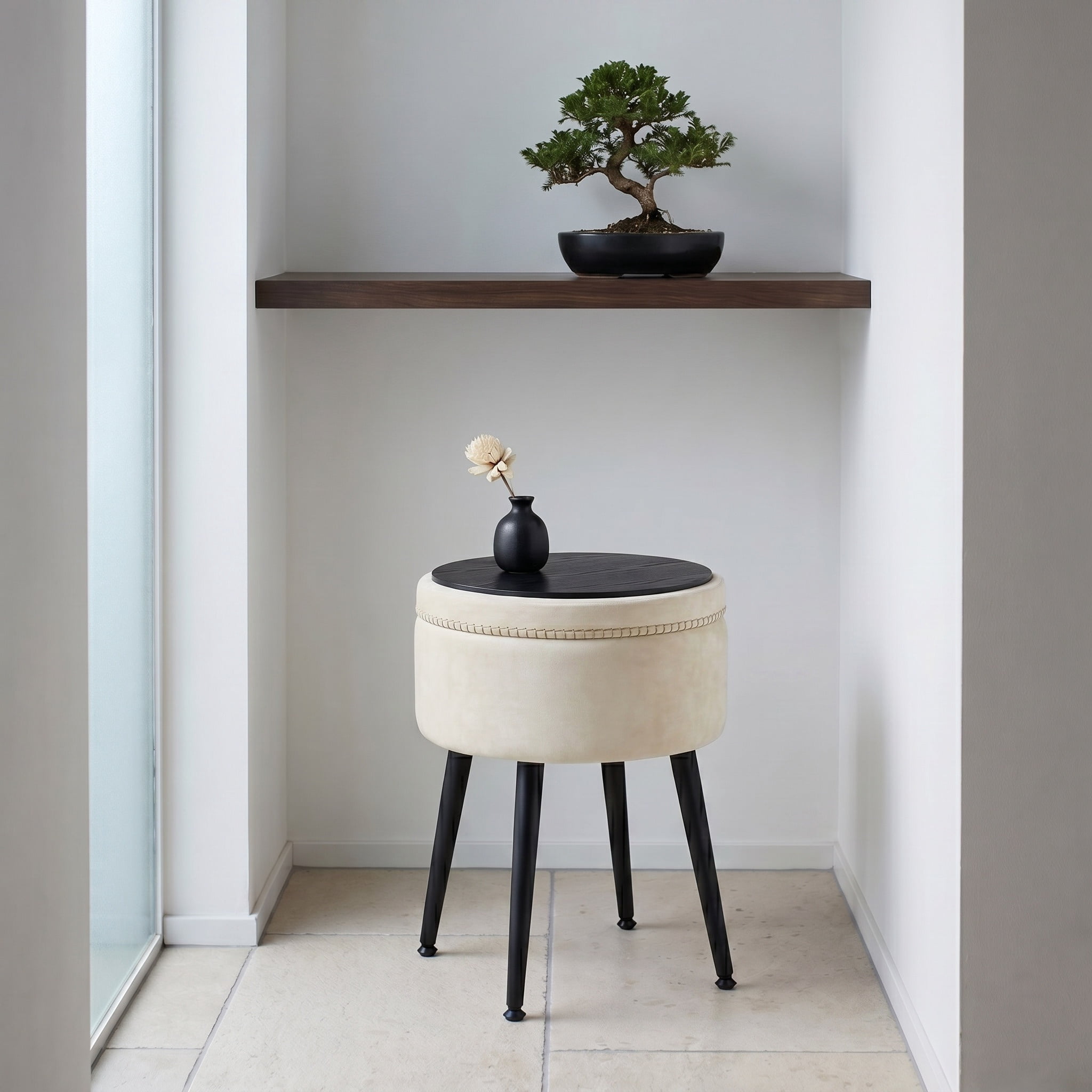 Nordic Hygge Round Storage Vanity Stool, Cream White