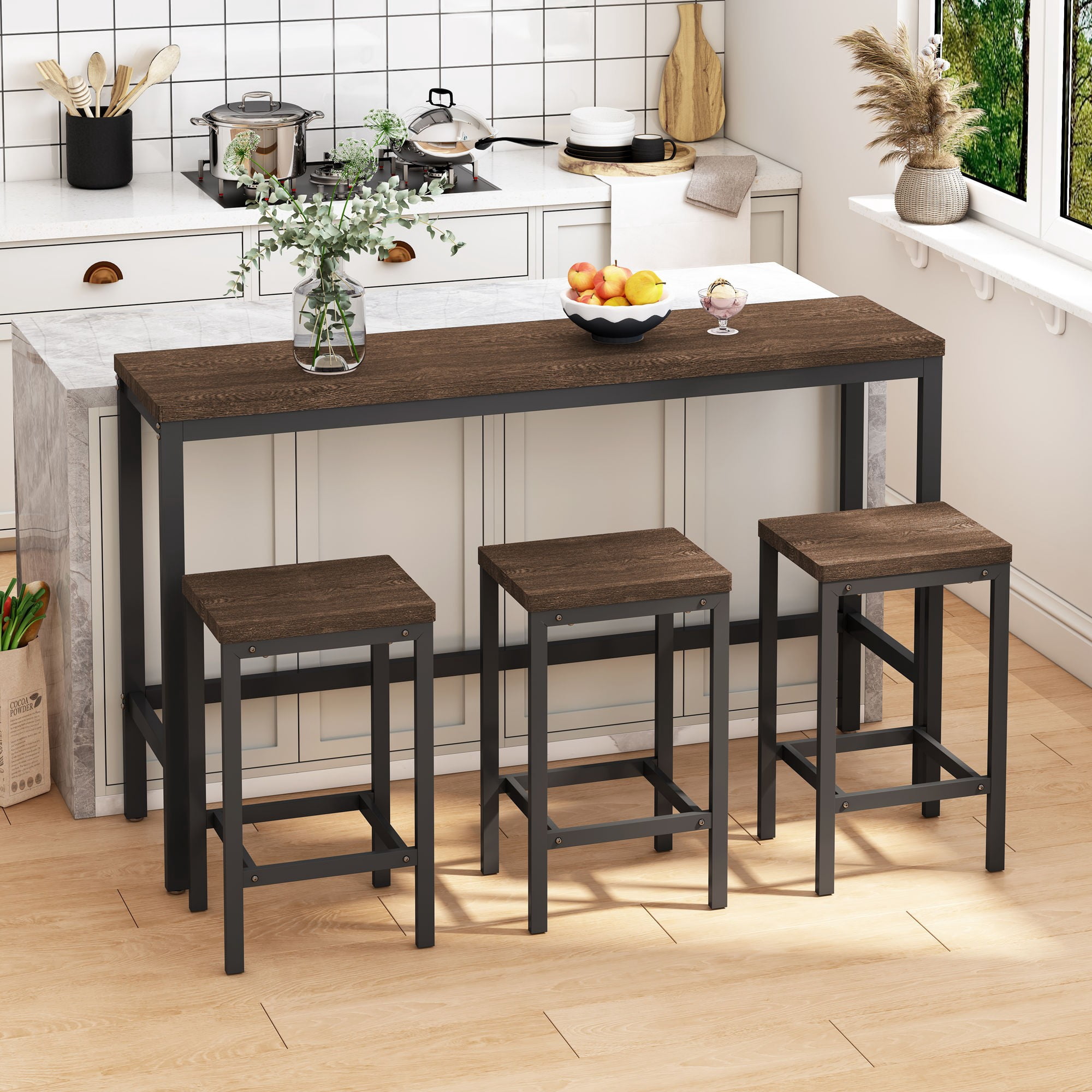 BSHTI 60.24" MDF Dining Room Table Set with Metal Frame, 3 Stools, Space-Saving Design for Kitchen Dining Room(Dark Brown)