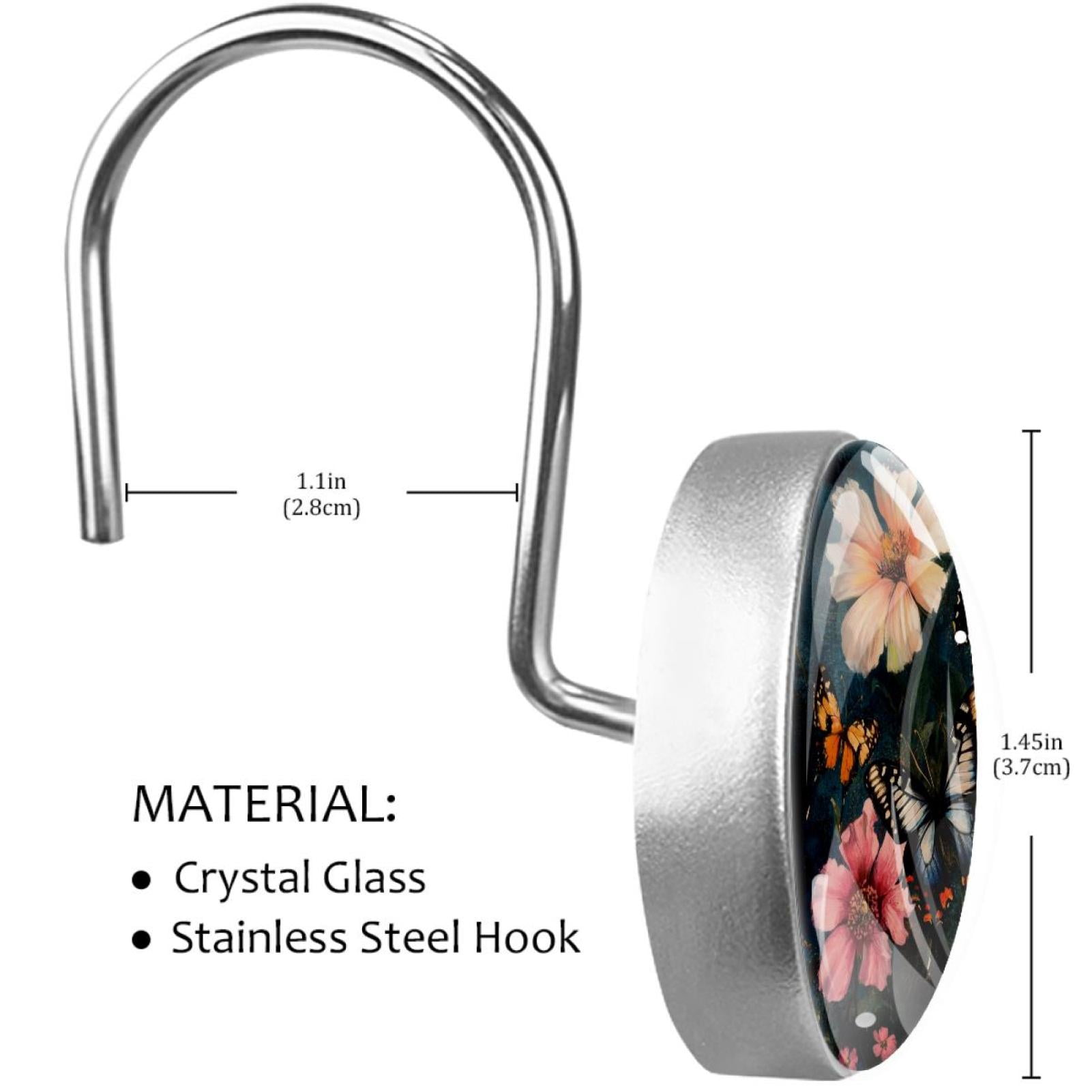 Pink Flower Butterfly Shower Curtain Hooks Round Crystal Glass, Set of 12 Shower Curtain Rings - Shower Hooks for Curtain Shower Rings