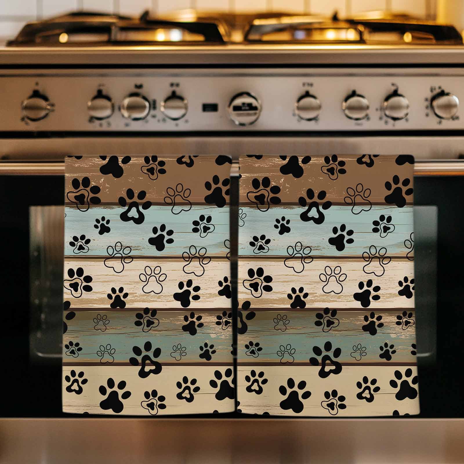 Dog Paws Printed Kitchen Towels Set of 2, Vintage Teal Brown Wooden Farmhouse Soft Microfiber Dish Towels, Absorbent Quick-Dry Washable Dishcloths for Kitchen Cleaning, Drying Dishes, 18x28 Inches