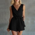 thumbnail image 6 of TEAJOPSUU Women's Summer Short Rompers Cotton Blend Elegant Sleeveless Wrap V Neck Tie Waist Wide Leg Short Jumpsuits with Pockets Black, 6 of 7