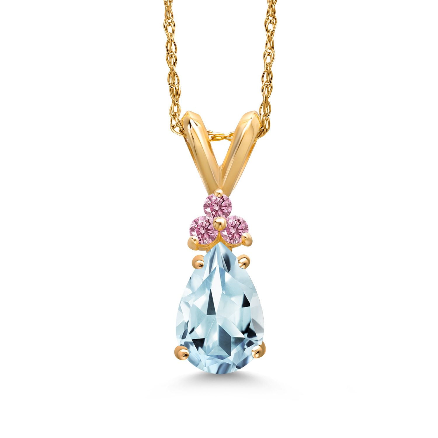 Gem Stone King 14K Yellow Gold Sky Blue Aquamarine and Pink Lab Grown Diamond Pendant Necklace for Women | 0.82 Cttw | Gemstone March Birthstone | Pear Shape 8X5MM | With 18 inch Chain