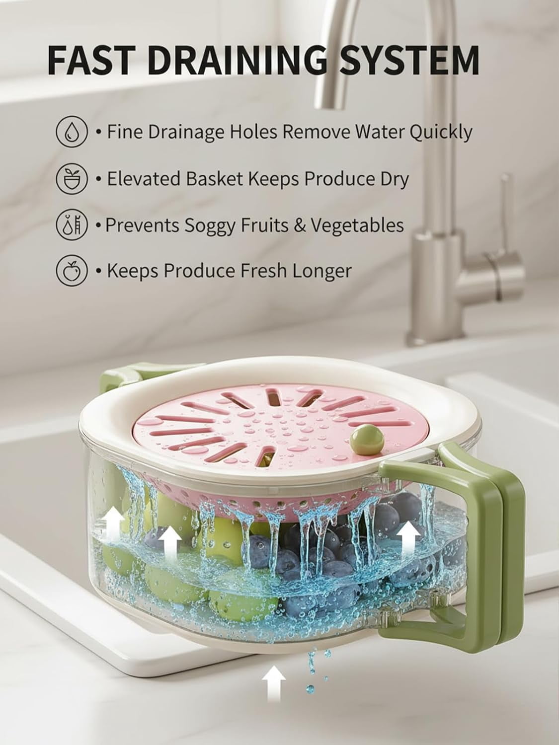 2-in-1 Draining and Preservation Basket, Fruit Washing Bowl with Strainer and Lid, Vegetable Washer Container for Kitchen and Fridge Storage