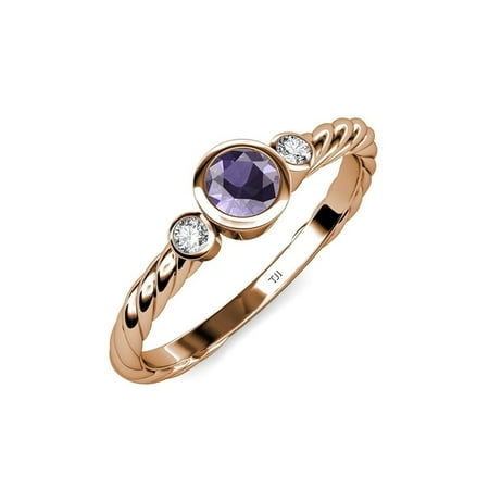 

Iolite and Diamond (SI2-I1 G-H) Three Stone Rope Ring 0.67 ct tw in 14K Rose Gold.size 3.5