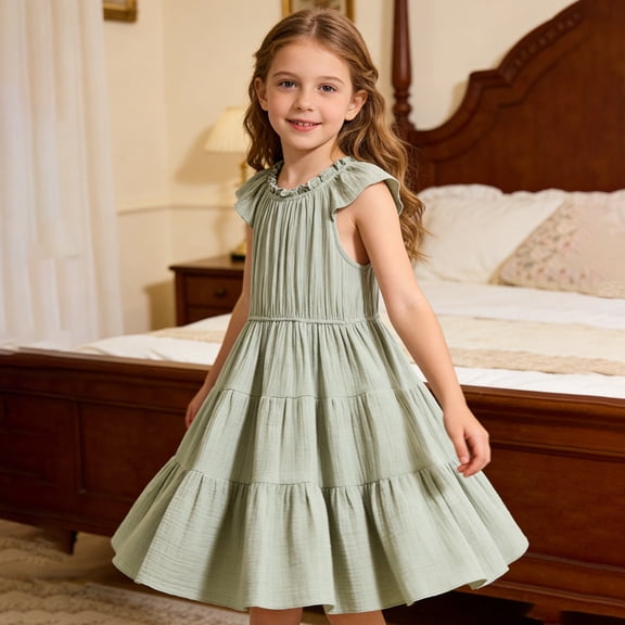 Trendfront Girls Light Green Dress Crew Neck Sleeveless Ruffle Casual Sundress Summer Outfit for Girls 3-10Y