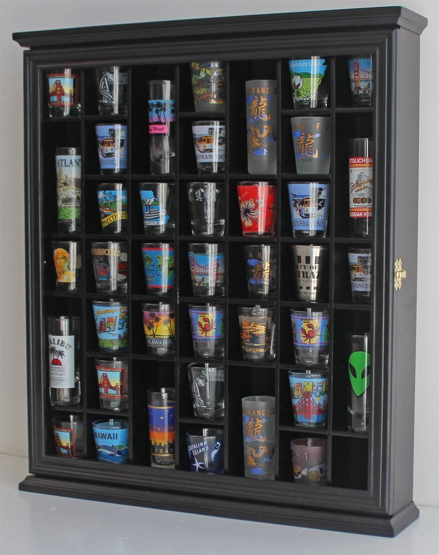 Small Hanging Cabinet Rack for 28 Shot Glasses Shot Glass Display Case Holder for Wall No Door, Black