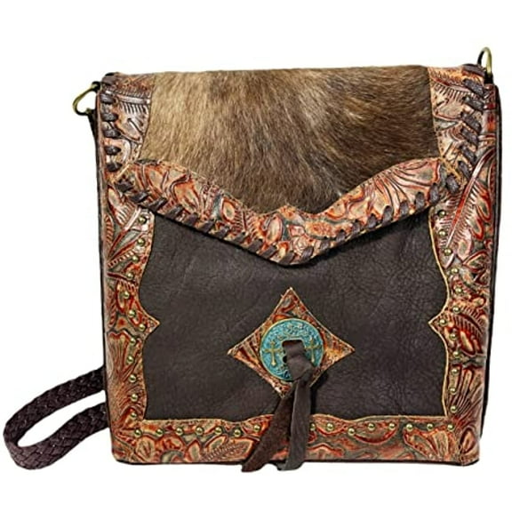 Urbalabs Western Crossbody Cowhair Leather Messenger Cross Tooled Tote HandBag Hand Stitched Purses (Dark Brown)
