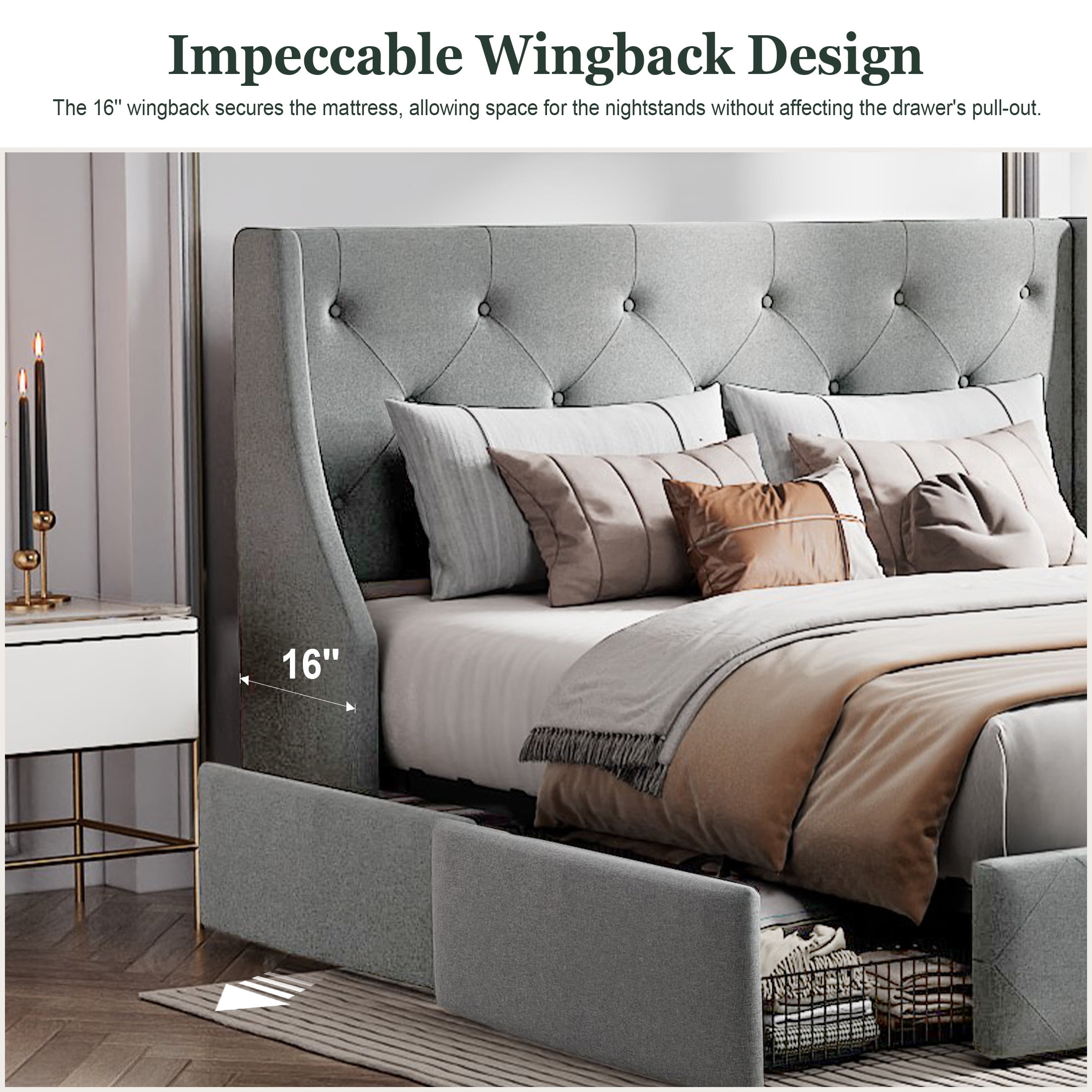 Amolife Full Size Upholstered Platform Bed Frame with 4 Storage Drawers & Fabric Tufted Wingback Headboard, Light Gray