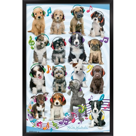 Keith Kimberlin - Puppies - Headphones Wall Poster, 14.725" x 22.375", Framed