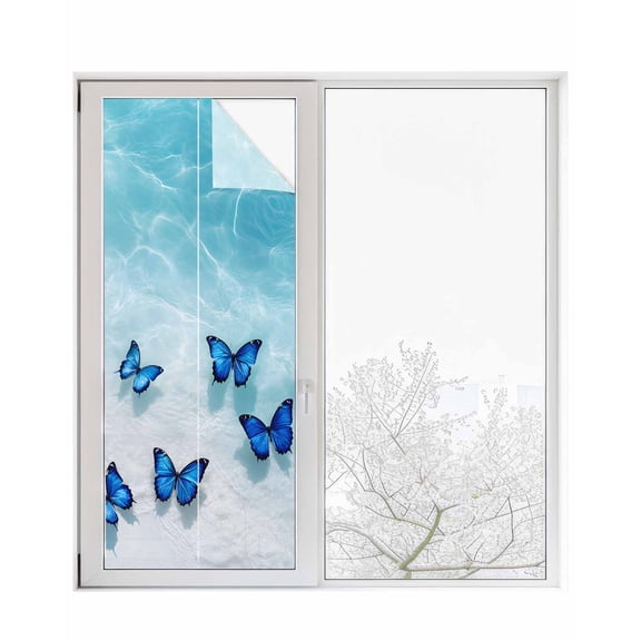 Window Privacy Film Navy Blue Butterflies Coastal Stained Glass Window Film Decorative Sun Block Window Cover Summer Beach Ocean Window Clings Static Adhesive Sticker for Bathroom 29.5"x78.7"