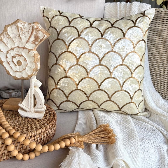 Throw Pillow Covers, Ivory 16"x16" (40x40 cm) Cushion Cover, Art Silk Mermaid Scales & Sequins Throw Pillow Cover For Sofa, Sea Creatures Pattern Beach Style Style - Mermaid Affair