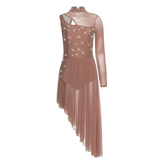 iiniim Women's Rhinestone Lyrical Dance Costume Sheer Mesh Leotard Flowy Figure Skating Dress Dusty Pink M