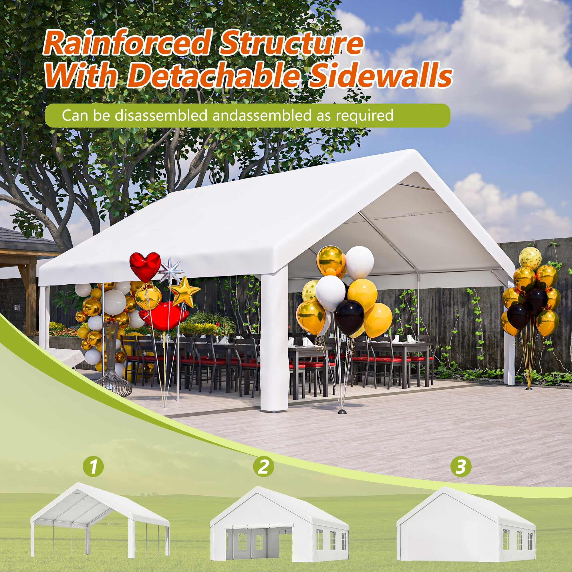 MAYEERTY 20x20FT Party Tent, 2 Storage Bags Removable Sidewalls for Wedding BBQ Camping Carport