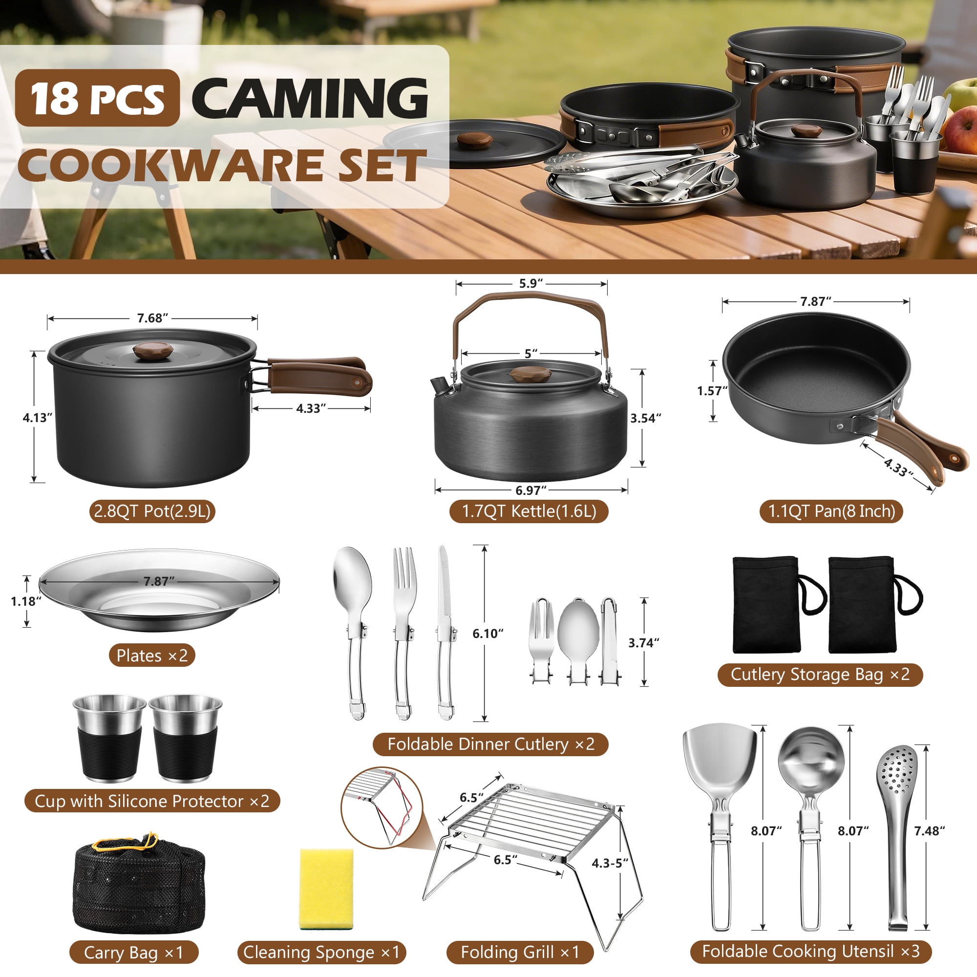 Walchoice 25 Pcs Camping Cookware Mess Kit, Aluminum Pot Pan Kettle Cooking Set for Backpacking Picnic Outdoor, Cookware with Cups Plates Cutleries Kitchenware Mini Grill, Lightweight & Portable