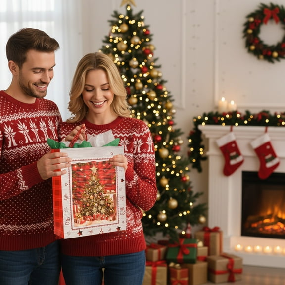 HomeKingdee Christmas Gift Paper Bags Bulk with handles Wrapping, Buffalo Plaid Holy Night Jesus Birds Xmas Holiday Presents