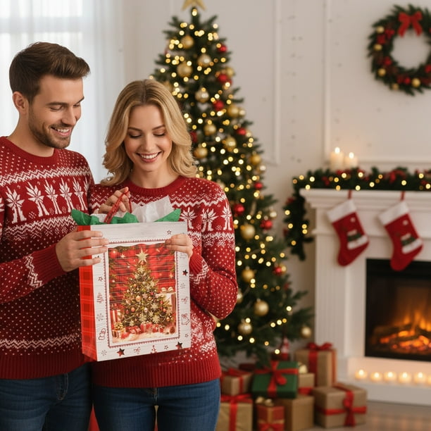 Set de Bolsas de Regalo Navideñas Gruesas | Bolso de Mano de Tamaño Grande | Papel Rojo | 32 X 26 X 10 Cm | 1 Unidad